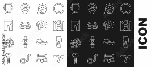 Set line Bicycle handlebar, Plaster on leg, Hiking backpack, bell, Sport cycling sunglasses, Cycling shorts, Award cup with bicycle and head lamp icon. Vector