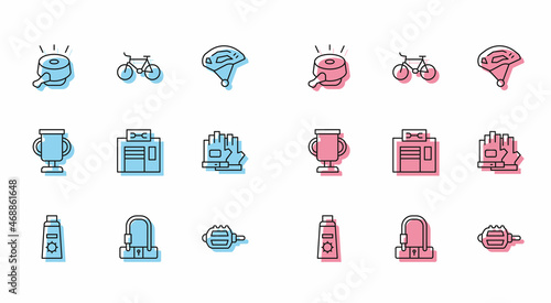 Set line Sunscreen cream in tube, Bicycle lock, bell, pedal, repair service, Gloves, Award cup with bicycle and icon. Vector