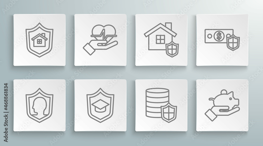 Set line Life insurance with shield, hand, Graduation cap, Money, Piggy bank, House, and icon. Vector