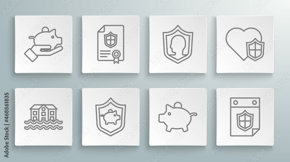 Set line House flood, Contract with shield, Piggy bank, Calendar, Life insurance, and hand icon. Vector Set line House flood, Contract with shield, Piggy bank, Calendar, Life insurance, and hand icon. Vector