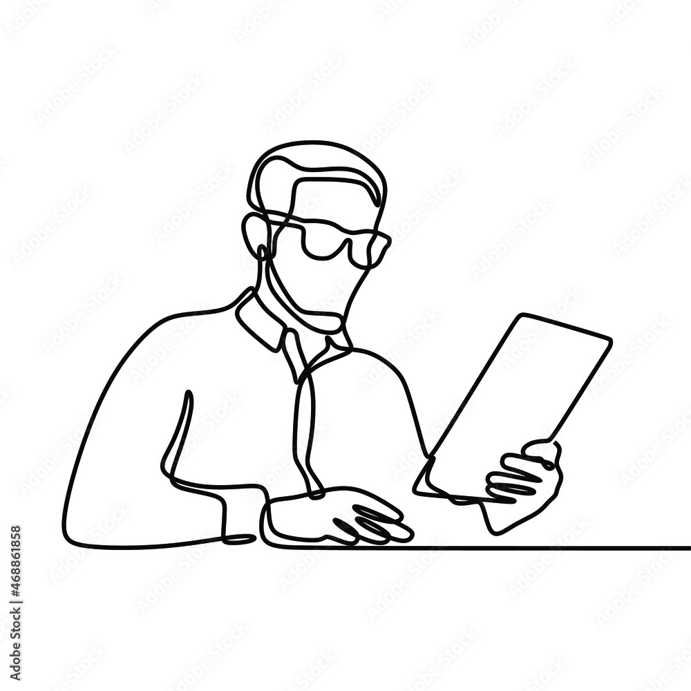 business man work on tablet oneline continuous single line art