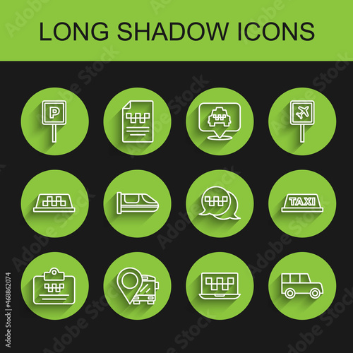 Set line Taxi driver license, Location with bus, Parking, Laptop call taxi service, Car, High-speed train, car roof and telephone icon. Vector