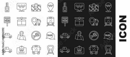 Set line High-speed train, Taxi call telephone service, Train, Gps device with map, Cable car, Road sign for taxi stand, Car key remote and Location bus icon. Vector