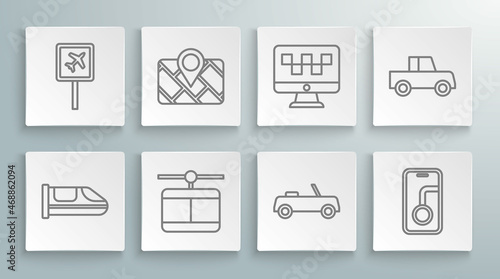 Set line High-speed train, Gps device with map, Cable car, Car, City navigation, Computer call taxi service, and Airport icon. Vector