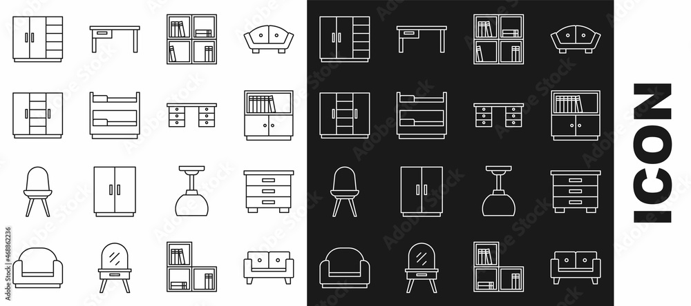 Set line Sofa, Furniture nightstand, Library bookshelf, Shelf with, Bunk bed, Wardrobe, and Office desk icon. Vector