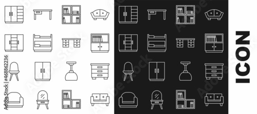 Set line Sofa, Furniture nightstand, Library bookshelf, Shelf with, Bunk bed, Wardrobe, and Office desk icon. Vector