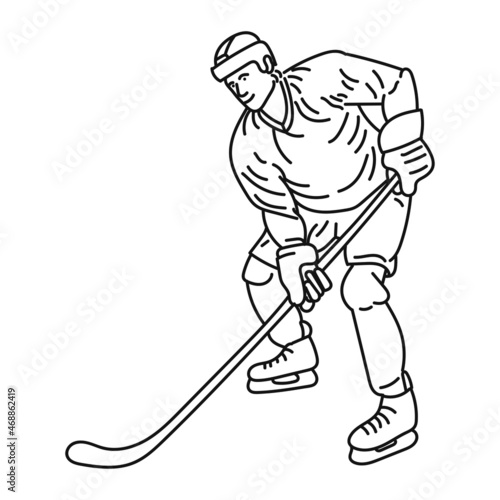 black line illustration Young hockey player with stick on ice field Athlete wearing equipment and helmet practicing. Sports concept, healthy lifestyle, motion, movement, action.