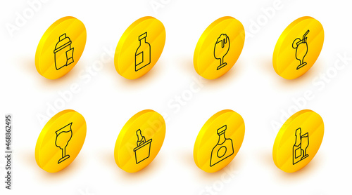 Set line Champagne bottle and glass, Tequila, in ice bucket, Wine, Cocktail, Glass of beer, vodka and shaker icon. Vector