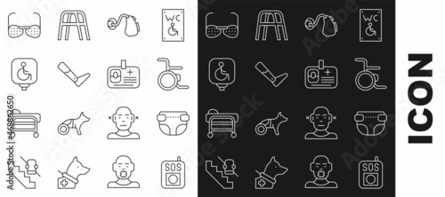 Set line Press the SOS button, Adult diaper, Wheelchair, Hearing aid, Prosthesis leg, Disabled wheelchair, Blind glasses and Identification badge icon. Vector