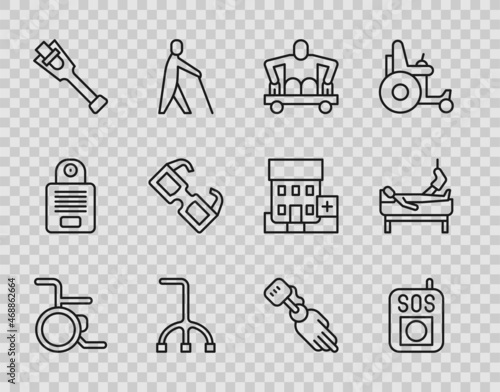 Set line Wheelchair, Press the SOS button, Man without legs sitting wheelchair, Walking stick cane, Prosthesis, Eyeglasses, hand and Patient broken icon. Vector