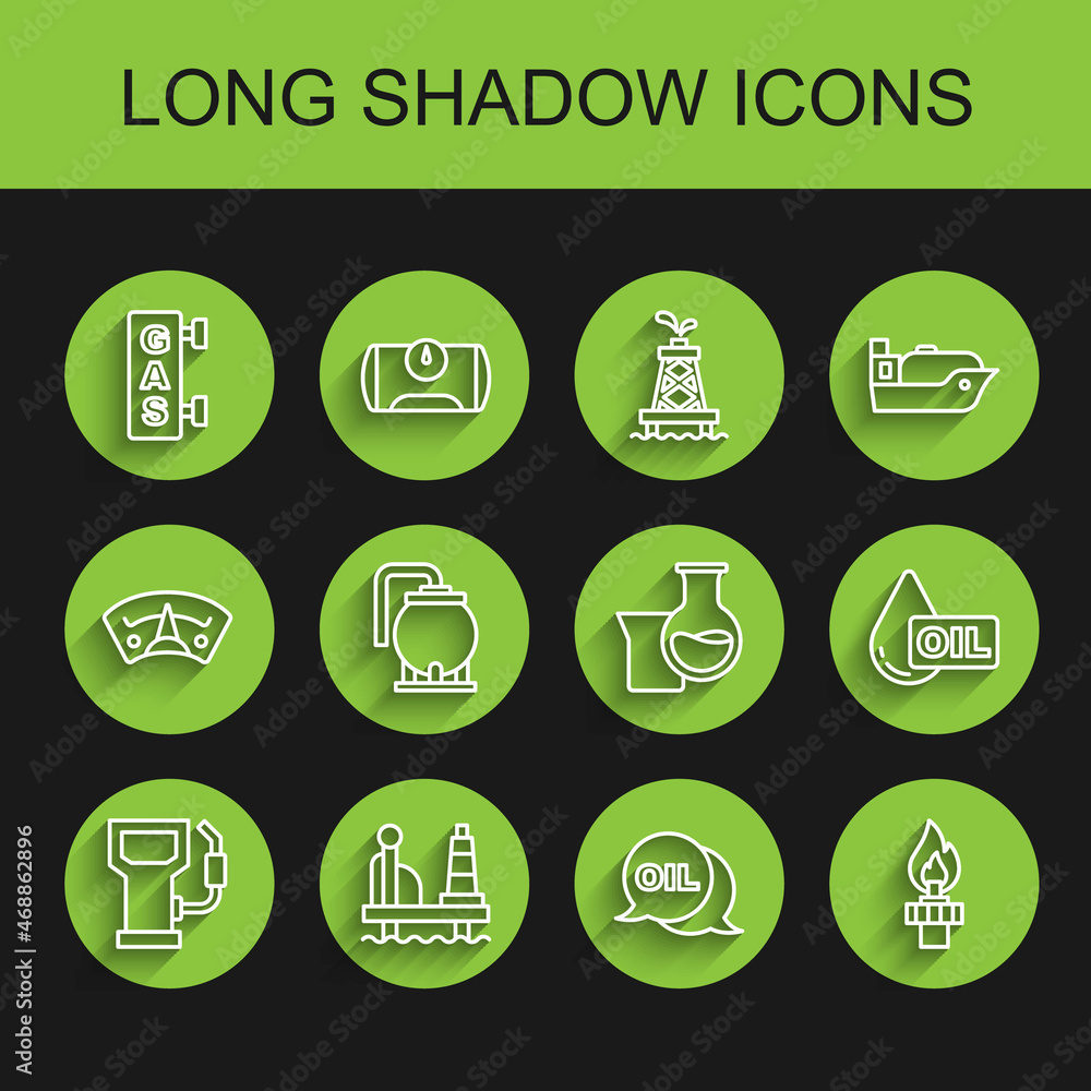 Set line Petrol or gas station, Oil platform in the sea, Gas filling, Word oil, rig with fire, tank storage, drop and petrol test tube icon. Vector Set line Petrol or gas station, Oil platform in the sea, Gas filling, Word oil, rig with fire, tank storage, drop and petrol test tube icon. Vector