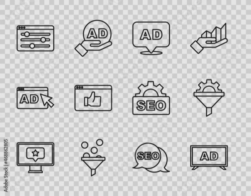 Set line Monitor with star, Advertising, Lead management, Browser setting, Customer product rating, SEO optimization and Sales funnel gear icon. Vector