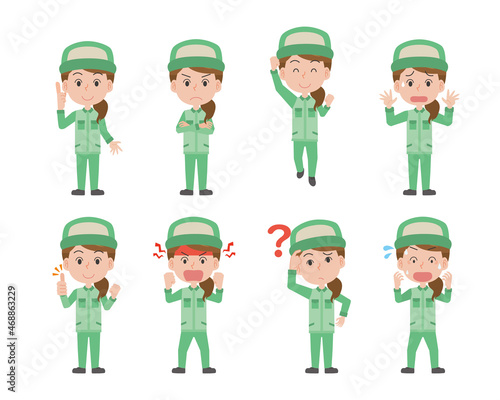 女性作業員の表情ポーズイラストセット