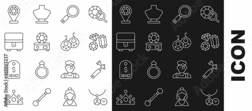 Set line Locket on necklace, Jewelers lupe, Gem stone, Magnifying glass, Jewelry box, store and Earrings icon. Vector