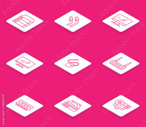 Set line Server, Data, Web Hosting, LAN cable network internet, Computer monitor screen, mouse, Router and wi-fi signal, RAM, random access memory and Optical disc drive icon. Vector