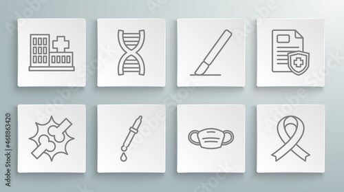 Set line Joint pain, knee pain, DNA symbol, Pipette, Medical protective mask, Awareness ribbon, Surgery scalpel, Patient record and Hospital building icon. Vector