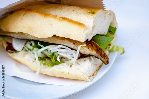 Balik Ekmek, Turkish fish sandwitch with mackerel, a popular street food in Istanbul, Turkey