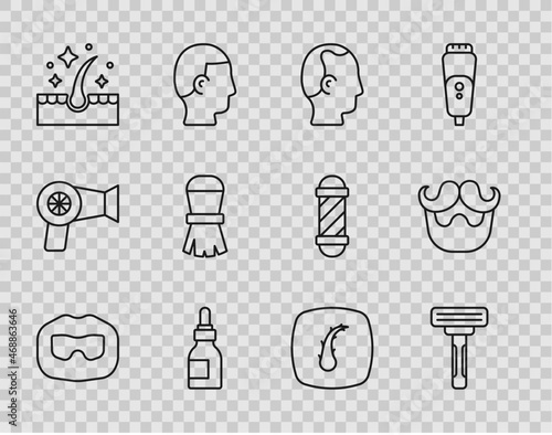 Set line Mustache and beard, Shaving razor, Baldness, Oil bottle, for hair care treatment, brush, Human follicle and icon. Vector