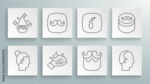 Set line Hairstyle for men, Barbershop, Shaving foam on hand, Mustache beard, Baldness, Human hair follicle, Gel wax styling and Oil care treatment icon. Vector