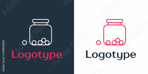 Logotype line Glass jar with candies inside icon isolated on white background. Logo design template element. Vector