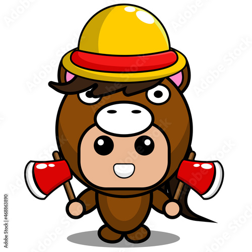 vector cartoon character cute horse animal mascot costume farmer holding two axes © Kristian