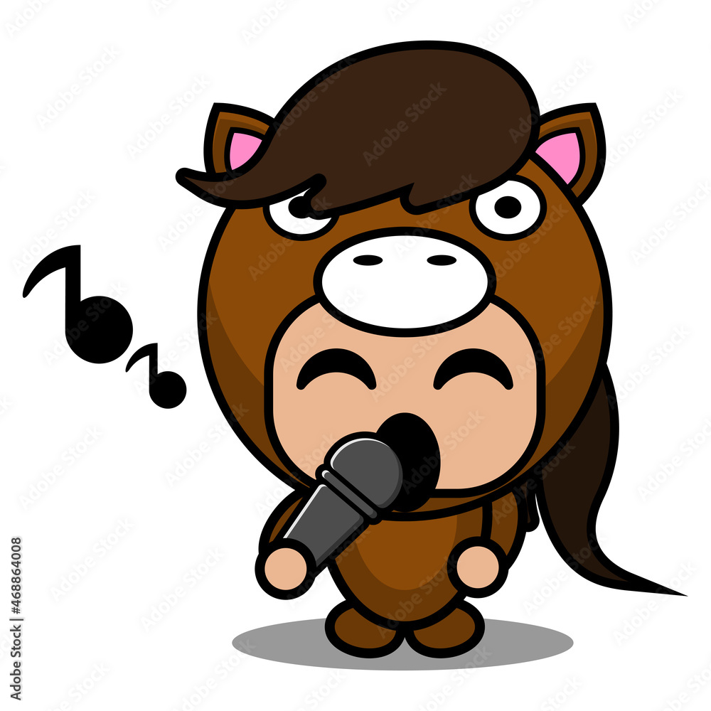 Fototapeta premium vector cartoon character cute pet horse mascot costume holding microphone and singing