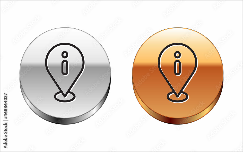 Black line Location with information icon isolated on white background. Silver-gold circle button. Vector Black line Location with information icon isolated on white background. Silver-gold circle button. Vector