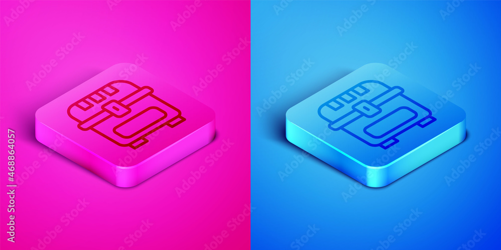 Isometric line Antique treasure chest icon isolated on pink and blue background. Vintage wooden chest with golden coin. Square button. Vector Isometric line Antique treasure chest icon isolated on pink and blue background. Vintage wooden chest with golden coin. Square button. Vector