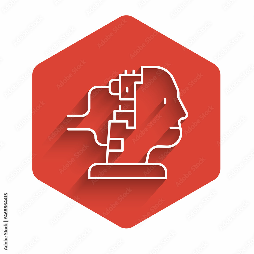 White line Robot connected for maintenance icon isolated with long shadow. Artificial intelligence, machine learning, cloud computing. Red hexagon button. Vector White line Robot connected for maintenance icon isolated with long shadow. Artificial intelligence, machine learning, cloud computing. Red hexagon button. Vector