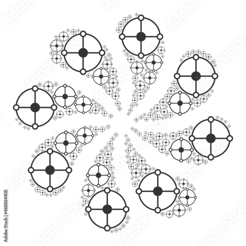Circle grid node icon twirl motion petals fireworks composition. Flower twirl done using random circle grid node items.