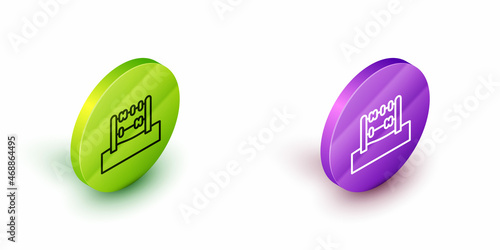 Isometric line Abacus icon isolated on white background. Traditional counting frame. Education sign. Mathematics school. Green and purple circle buttons. Vector