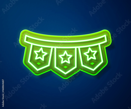 Glowing neon line Carnival garland with flags icon isolated on blue background. Party pennants for birthday celebration, festival decoration. Vector