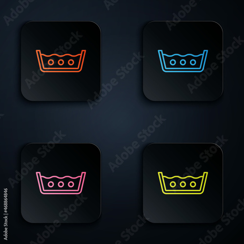 Color neon line Washing under 50 degrees celsius icon isolated on black background. Temperature wash. Set icons in square buttons. Vector