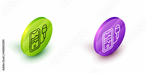 Isometric line Mobile recording icon isolated on white background. Mobile phone with microphone. Voice recorder app smartphone interface. Green and purple circle buttons. Vector
