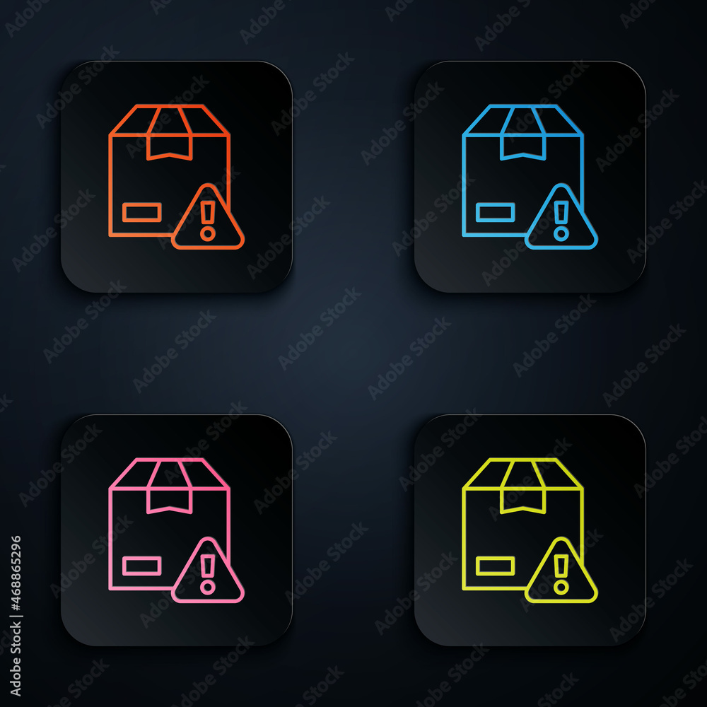 Color neon line Delivery security with shield icon isolated on black background. Delivery insurance. Insured cardboard boxes beyond the shield. Set icons in square buttons. Vector Color neon line Delivery security with shield icon isolated on black background. Delivery insurance. Insured cardboard boxes beyond the shield. Set icons in square buttons. Vector