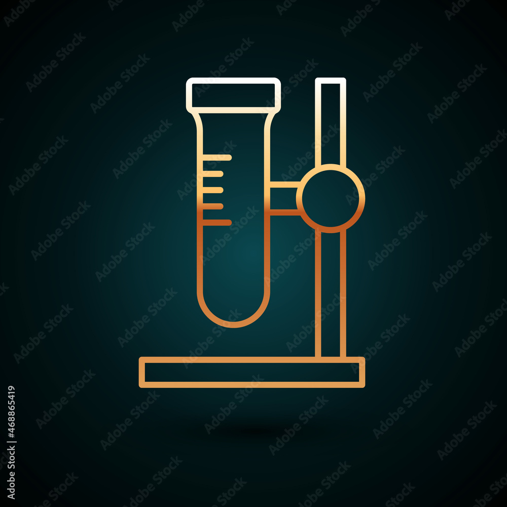 Gold line Glass test tube flask on stand icon isolated on dark blue background. Laboratory equipment. Vector Gold line Glass test tube flask on stand icon isolated on dark blue background. Laboratory equipment. Vector