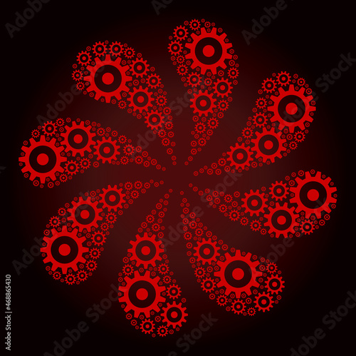Bloody gear wheel icon curl abstract turbine fireworks composition on red dark gradient background. Turbine burst done from bloody random gear wheel icons.
