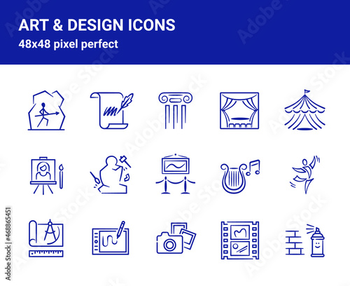 Simple set of related outline icons on white background for web design. Contains such icons as architecture, painting, graffiti, sculpture, museum and more. 48x48 pixel perfect. Editable blue stroke.