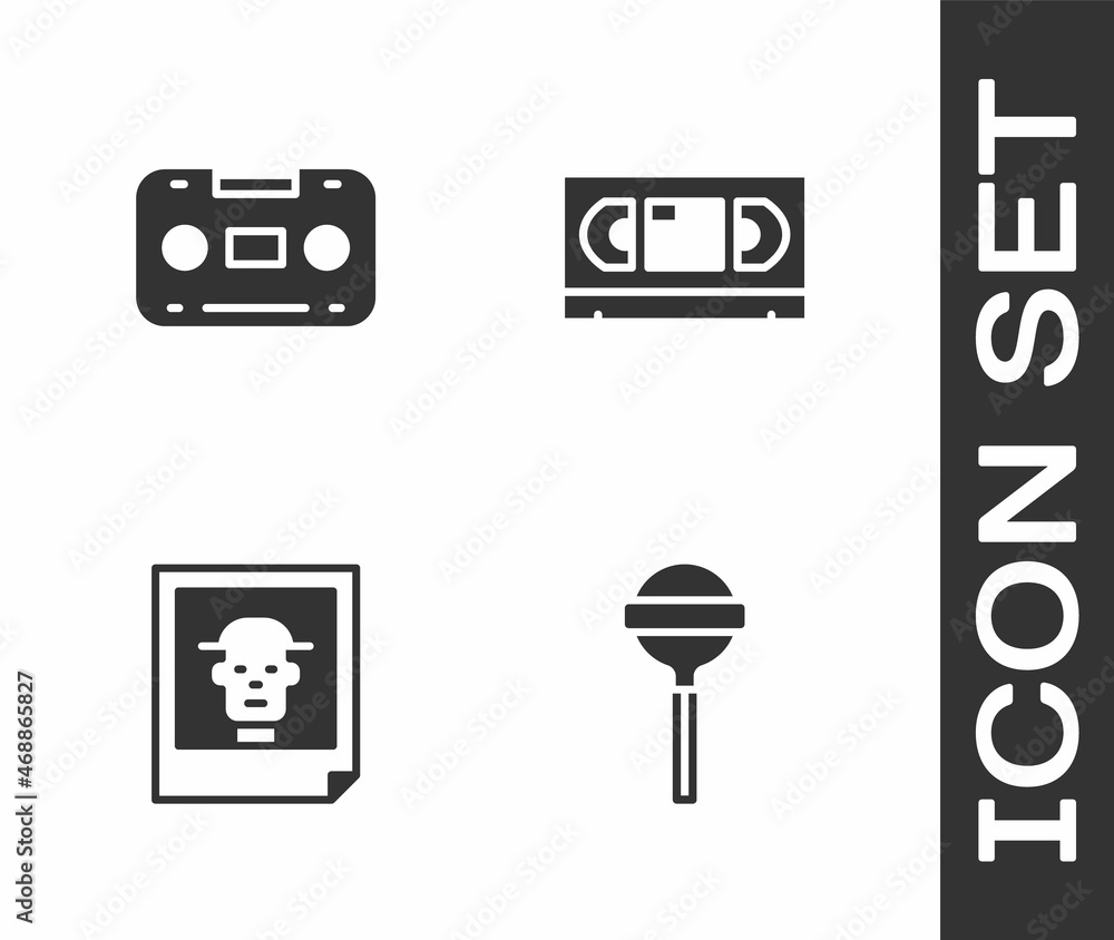 Set Lollipop, Retro audio cassette tape, Photo and VHS video icon. Vector