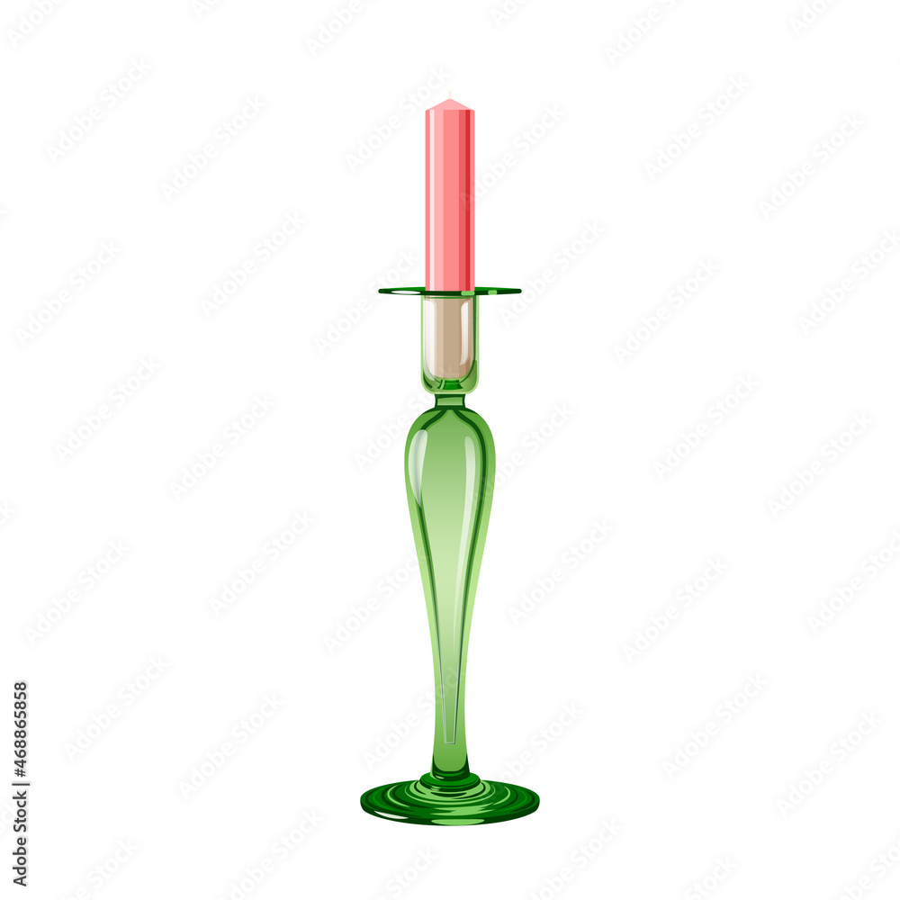 Flat illustration of candle in a candlestick on white background. Image made in green and coral colors. Idea for a poster, sticker, postcard, book, web design and so on. Flat illustration of candle in a candlestick on white background. Image made in green and coral colors. Idea for a poster, sticker, postcard, book, web design and so on.