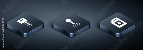 Set Isometric Car key with remote, Canister for motor oil and Gear shifter icon. Vector