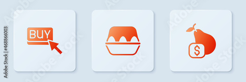 Set Chicken egg in box, Buy button and Price tag for pear. White square button. Vector