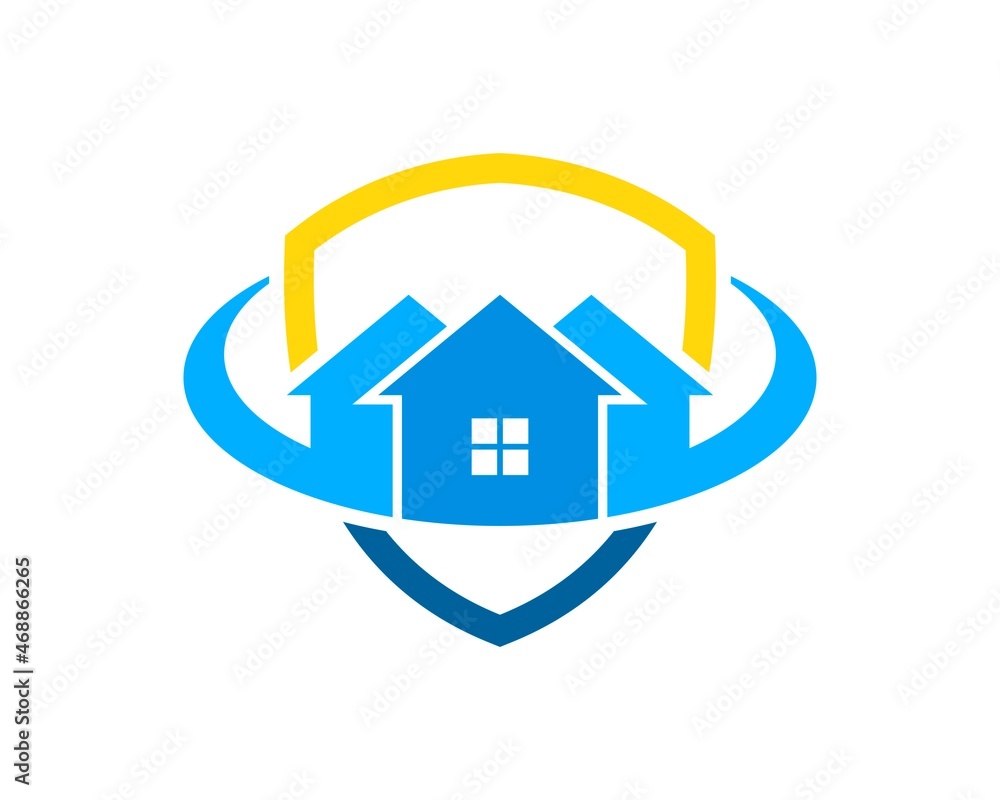 Simple shield with real estate house and swoosh Simple shield with real estate house and swoosh