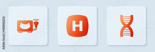 Set Hospital signboard, Ultrasound and DNA symbol. White square button. Vector