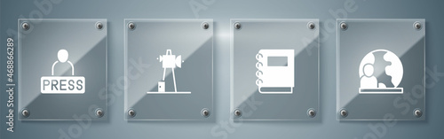 Set World news, Notebook, Antenna and Journalist. Square glass panels. Vector