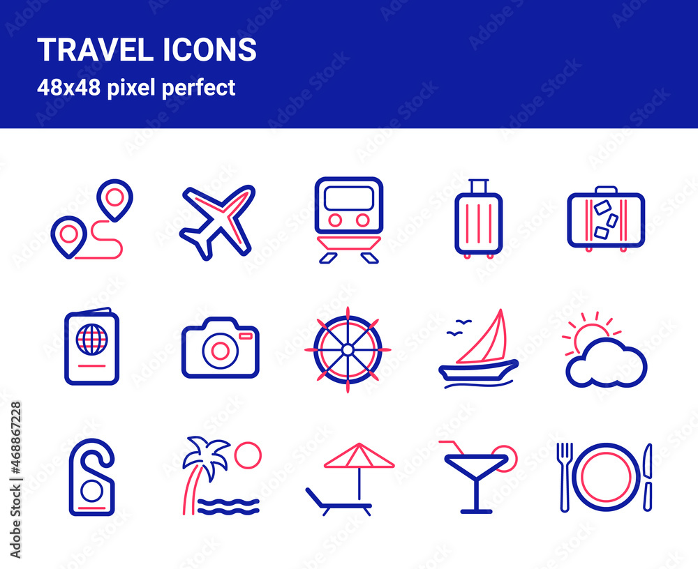Simple set of related outline icons on white background for web design. Contains such icons as route, plane, suitcase, camera, hotel and more. 48x48 pixel perfect. Editable blue stroke. Simple set of related outline icons on white background for web design. Contains such icons as route, plane, suitcase, camera, hotel and more. 48x48 pixel perfect. Editable blue stroke.