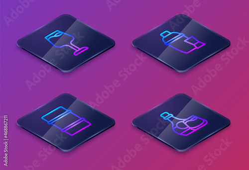 Wallpaper Mural Set Isometric line Wine glass, Metal beer keg, Cocktail shaker and Whiskey bottle and. Blue square button. Vector Torontodigital.ca