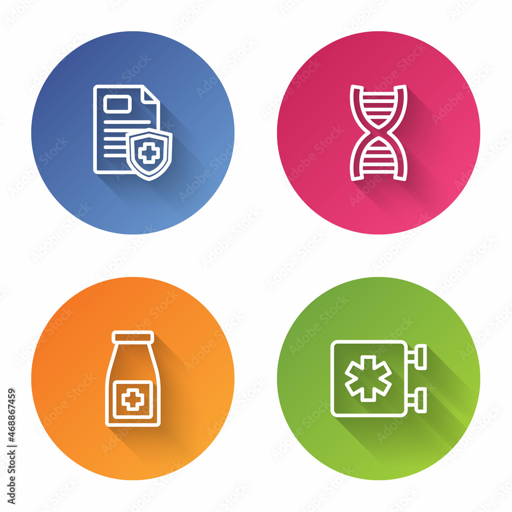Set line Patient record, DNA symbol, Medicine bottle and pills and Emergency - Star of Life. Color circle button. Vector Set line Patient record, DNA symbol, Medicine bottle and pills and Emergency - Star of Life. Color circle button. Vector