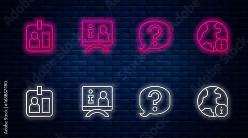Set line Television report, Speech bubble chat, Journalist id card and World news. Glowing neon icon on brick wall. Vector