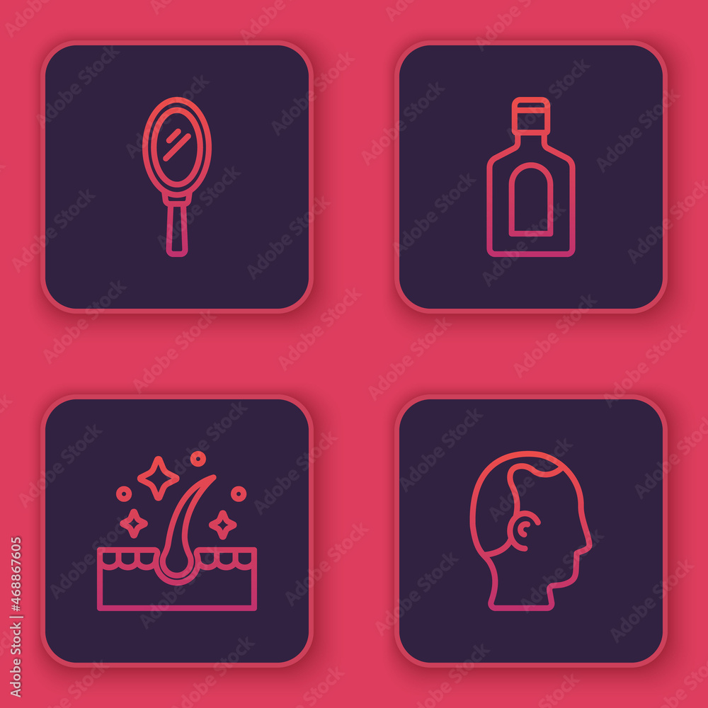 Set line Hand mirror, Oil for hair care treatment, Bottle of shampoo and Baldness. Blue square button. Vector Set line Hand mirror, Oil for hair care treatment, Bottle of shampoo and Baldness. Blue square button. Vector